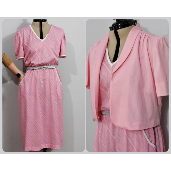 Times Up Le Temps Pink 80s Dress with Blue Stripes and Bolero - Picture 1 of 10